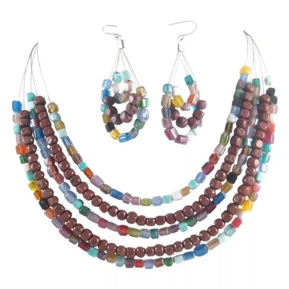 New 5 Row Piano Wire Necklace Earring Set With Wood & Glass Beads NWOT - Picture 1 of 4